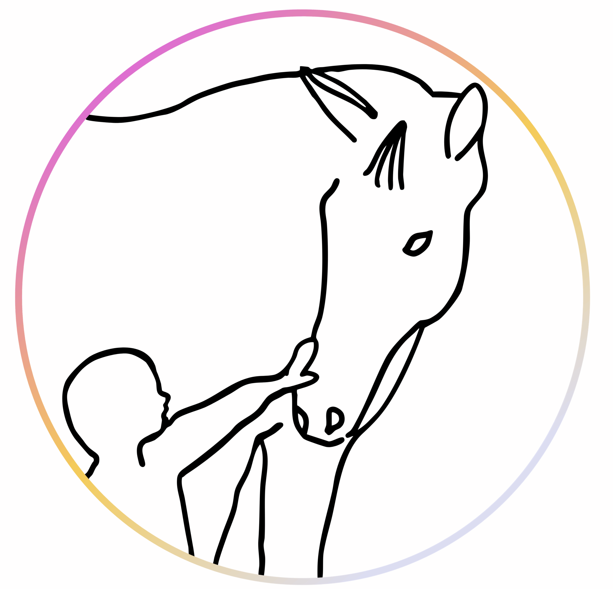 Le logo représente un enfant caressant le nez d'un cheval qui le regarde avec bienveillance. L'objectif est d'illustrer ce qui veut être apporté par l'hippothérapie et les cours d'équitation inclusifs : bien-être, paix, calme et relation.